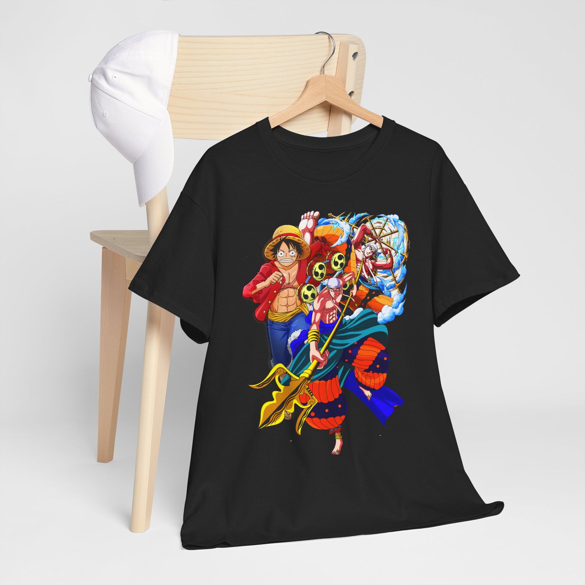 Artfully arranged black t-shirt with captivating anime designs on a wooden chair, highlighting dynamic characters and a sense of adventure, ideal for chic anime lovers.