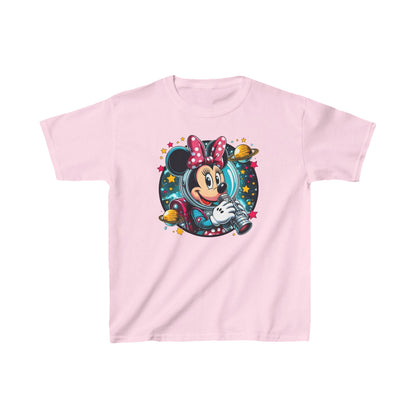 Sophisticated Child’s Blast Off with Minnie Mouse Unisex Graphic Tee Shirt Kids in delicate pink, showcasing the whimsical Minnie Mouse graphic, perfect for adding a stylish flair to any outfit.