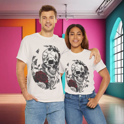 Skulls and Roses Cotton Tee, Unisex Graphic Shirt, showcased on a male and female model against a vibrant backdrop, highlighting the unique steampunk design with detailed skulls and roses.