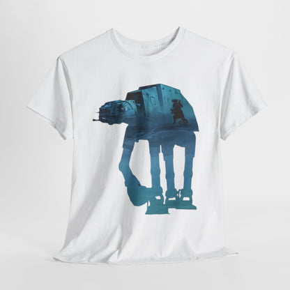 Star Wars AT-ST vs Tauntaun graphic t-shirt, featuring a stylised silhouette of the iconic AT-ST in a soft teal and blue gradient, designed for unisex appeal.