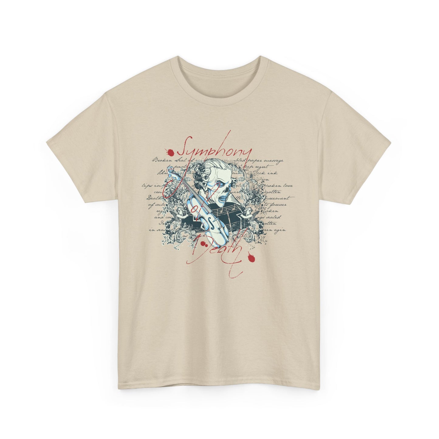 Luxurious vintage t-shirt featuring an intricately designed skull with violin floral scrolls, complemented by dramatic script text, ideal for music and gothic fashion enthusiasts.