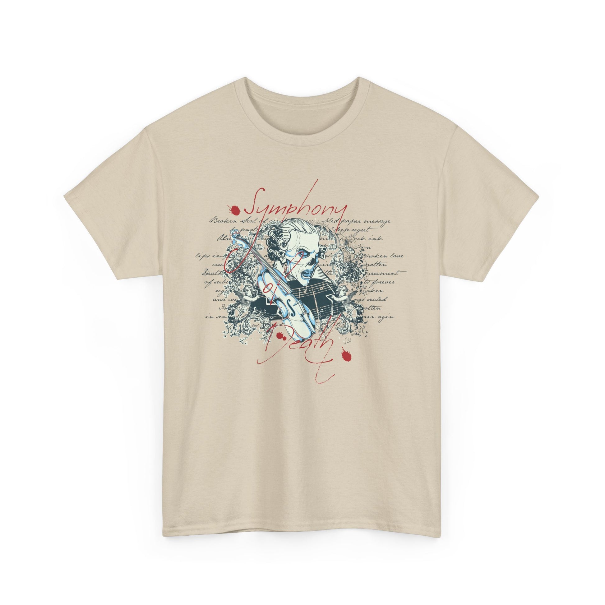 Luxurious vintage t-shirt featuring an intricately designed skull with violin floral scrolls, complemented by dramatic script text, ideal for music and gothic fashion enthusiasts.