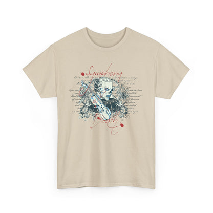 Luxurious vintage t-shirt featuring an intricately designed skull with violin floral scrolls, complemented by dramatic script text, ideal for music and gothic fashion enthusiasts.