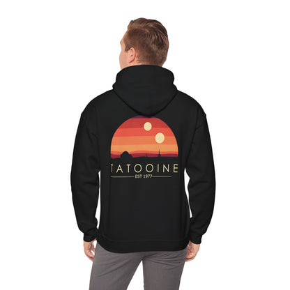 Detailed view of the desert landscape on the Stunning Tatooine Sunset Back Print Hoodie, featuring celestial bodies.