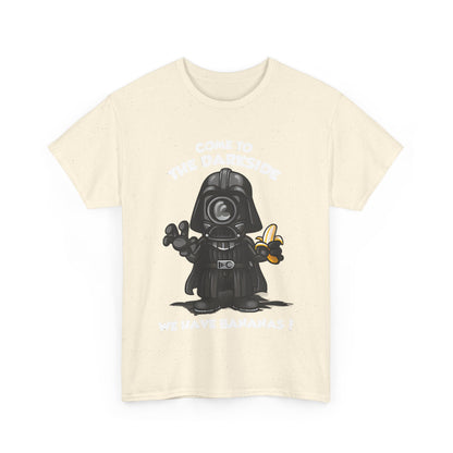 Front view of the Darth Vader Minion Graphic Unisex T Shirt Tee, featuring a playful Darth Vader holding a banana. A funny and stylish choice for Minions enthusiasts.