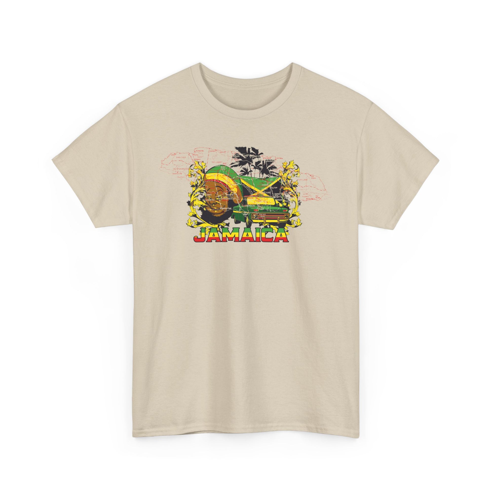 Front view of a stylish beige men's t-shirt adorned with a vibrant Jamaica graphic, featuring rich colours and tropical motifs, perfect for a chic tropical-themed outfit.
