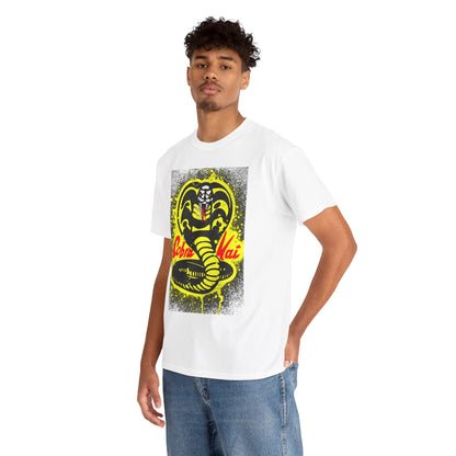 Sophisticated unisex graphic t-shirt featuring a bold Cobra Kai design, elegantly displayed on a model with a confident pose.