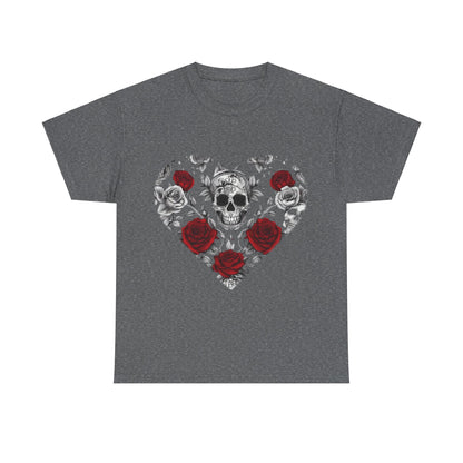 Chic Skulls and Roses Cotton Tee in a dark grey shade, featuring a unique heart pattern with intricate skull and rose graphics, ideal for fashionable expression.