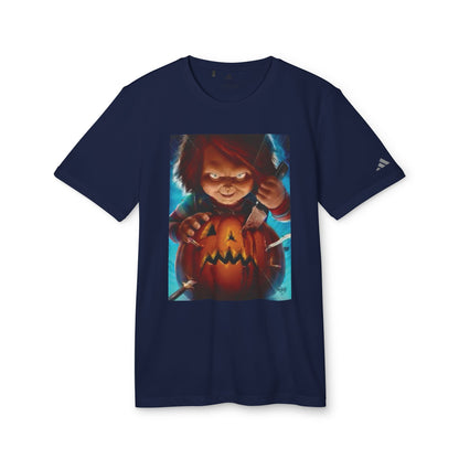 Adidas Unisex Halloween Chucky Cute T-shirt in navy displaying a playful Chucky graphic engaging in pumpkin carving, a luxurious choice for Halloween festivities.
