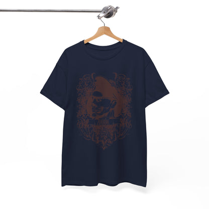 Men's Zombie Graphic T-Shirt with Baroque Design, elegantly displayed on a wooden hanger. The navy fabric features an intricate brown zombie graphic intertwined with ornate baroque motifs.