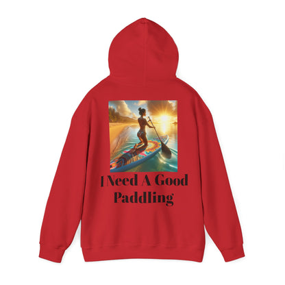 Back view of the red Fantasy Paddleboarding Unisex Hooded Sweatshirt, featuring a striking paddling scene and humorous quote, ideal for paddleboarding enthusiasts.
