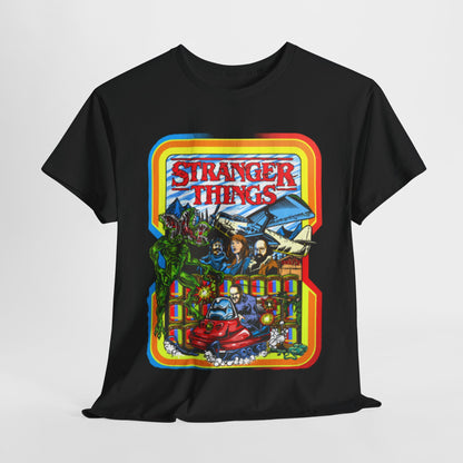 Luxury unisex graphic t-shirt featuring a vibrant 'Stranger Things Rink O Mania' design, showcasing retro arcade elements and beloved characters in vivid colours, perfect for fans of the cult classic TV series.