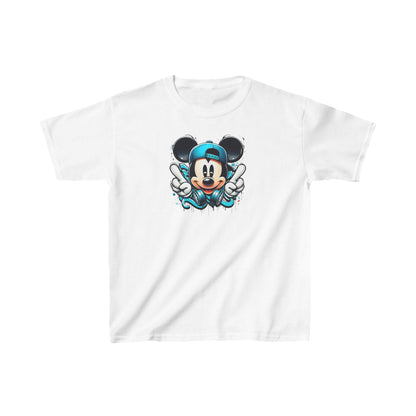 Childs Mickey Mouse Graffiti Unisex Graphic Tee Shirt in white displaying a striking graffiti art of Mickey Mouse in a playful pose with teal headphones.