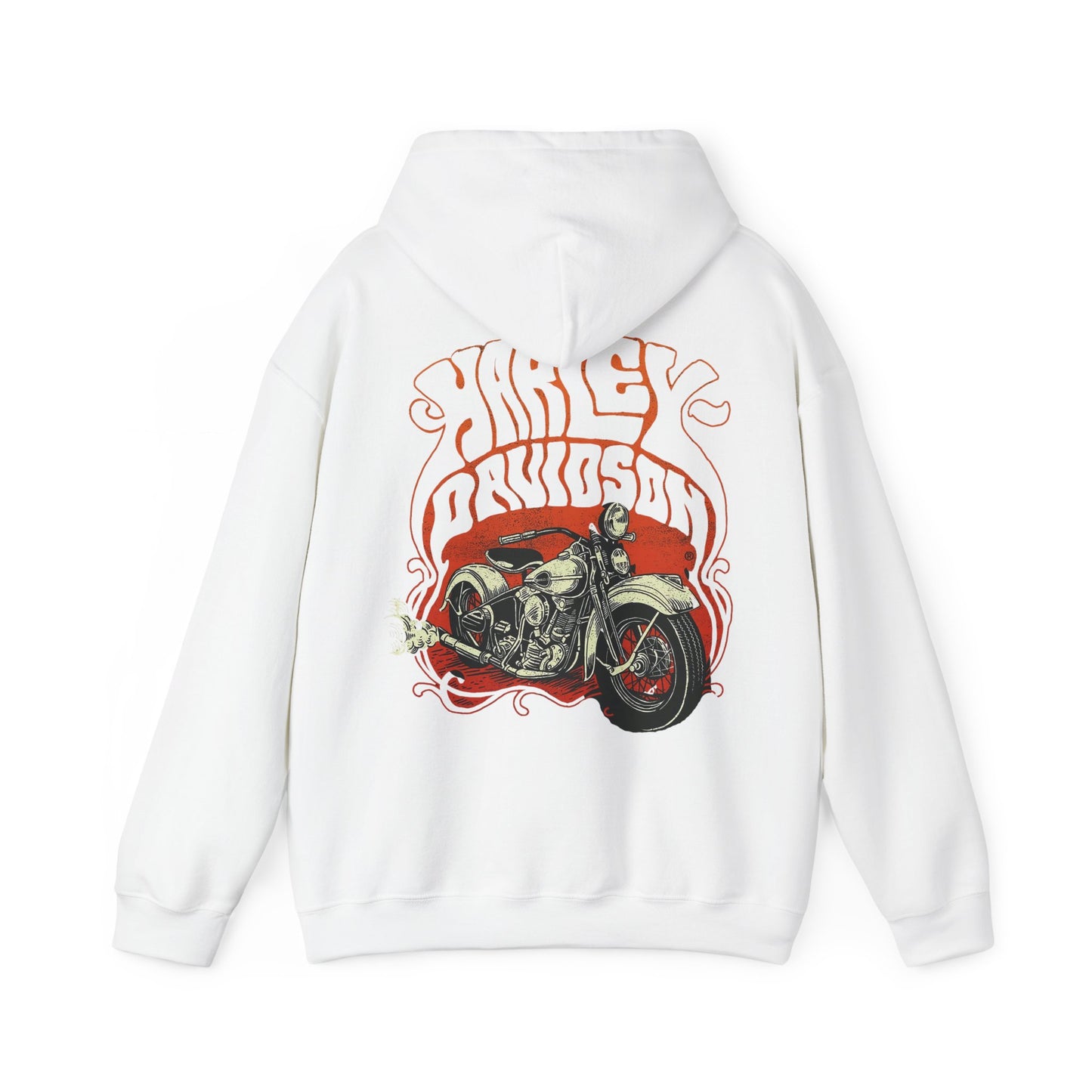 Elegant vintage Harley Davidson hoodie featuring a striking back print of a classic motorcycle amidst dynamic swirls and bold typography, perfect for bikers and fashion enthusiasts seeking a blend of style and comfort.
