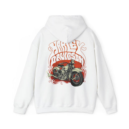 Elegant vintage Harley Davidson hoodie featuring a striking back print of a classic motorcycle amidst dynamic swirls and bold typography, perfect for bikers and fashion enthusiasts seeking a blend of style and comfort.