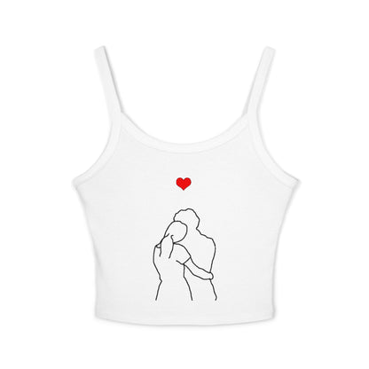 Valentine's Day Lovers Gift Women's Spaghetti Strap Tank Top featuring a minimalist line drawing of embracing figures and a bold red heart, elegantly showcasing love and affection.