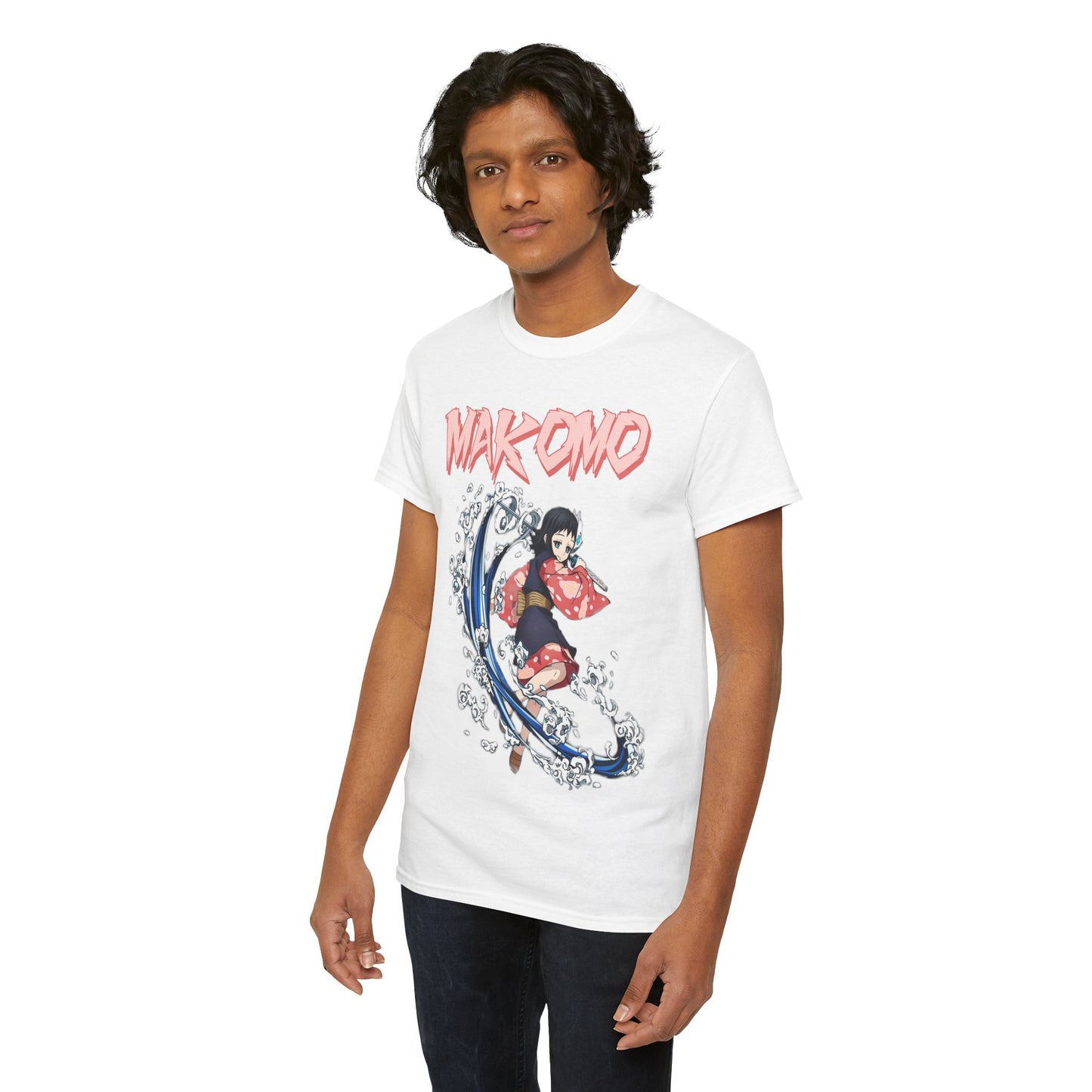 Another model showcasing the elegant Makomo Anime T-shirt, highlighting the unique design and artistic flair that appeals to anime enthusiasts.