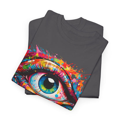 Folded unisex t-shirts displaying a stunning graphic of a colourful eye design, perfect for casual chic style.
