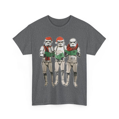 Luxury Carol Singing Stormtroopers Star Wars Graphic T-Shirt, featuring a playful illustration of Stormtroopers in Santa hats and scarves, perfect for festive occasions.