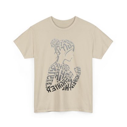 Fighter Girl Graphic Unisex T-Shirt in a neutral beige tone, featuring a sophisticated side profile of a woman illustrated with the words 'FIGHTER' and 'GIRL', creating a strong statement of self-empowerment and artful design.