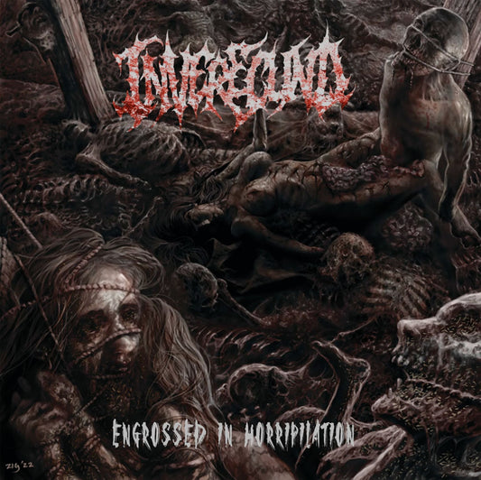 Inverecund - Engrossed In Horripilation CD cover art by Rancid Offal Records showcasing dark, luxurious death metal aesthetics.