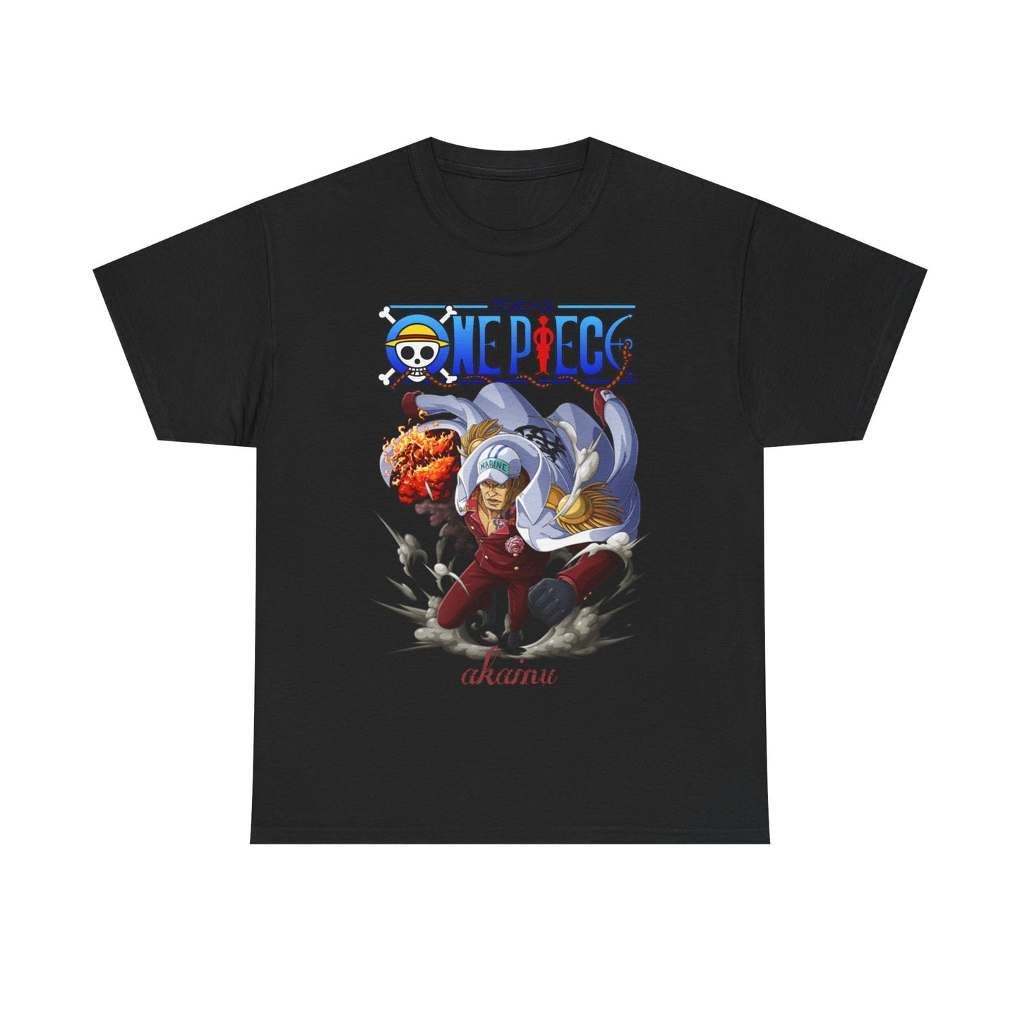 Luxurious black One Piece Akainu t-shirt highlighting a powerful graphic of Akainu amidst explosive action, elegantly complemented by the distinguished One Piece logo, perfect for discerning fans.