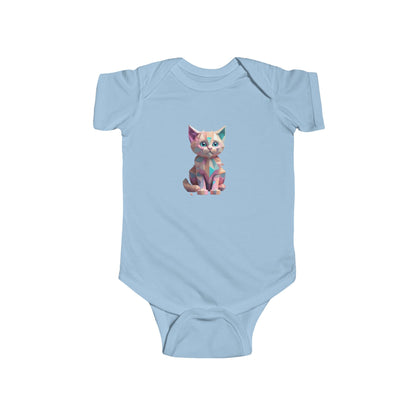 Luxurious Kitten Bodysuit featuring an adorable geometric kitten print, perfect for infants. Available in exquisite baby blue, ideal for comfort and style in baby clothes.