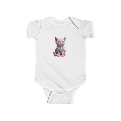 Chic Kitten Bodysuit in pristine white, adorned with a whimsical geometric kitten print, suitable for fashionable baby wear.