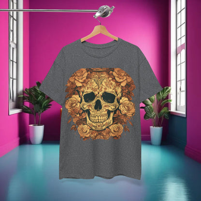 Skulls and Roses Cotton Tee elegantly displayed on a hanger in a stylish room, showcasing its vibrant skull and rose graphic, suitable for those who appreciate unique fashion.