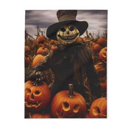 Luxury Decorative and Warm Halloween Spooky Arctic Fleece Blanket featuring a dressed scarecrow surrounded by carved pumpkins, perfect for adding festive charm this Halloween.