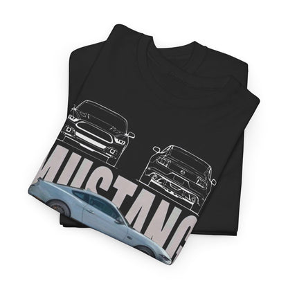 Folded Ford Mustang GT T-shirt displaying a striking technical drawing and bold typography, an essential piece for car lovers.