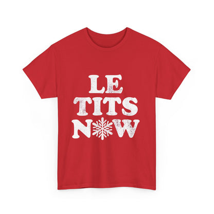 Front view of the Let It Snow Christmas Graphic T-Shirt in red, featuring a stylish urban design with playful text, ideal for festive occasions.