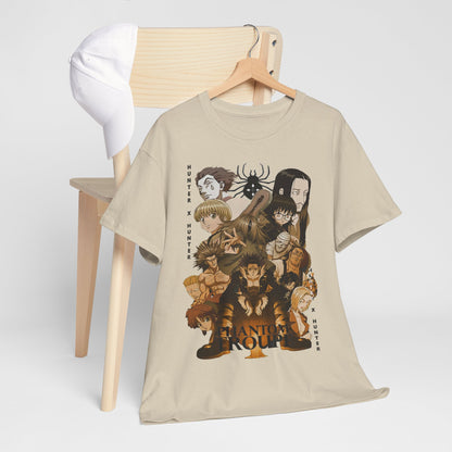 Stylish Phantom Troupe Hunter x Hunter graphic t-shirt showcased alongside a classy white cap on a wooden chair, demonstrating a sophisticated casual look.