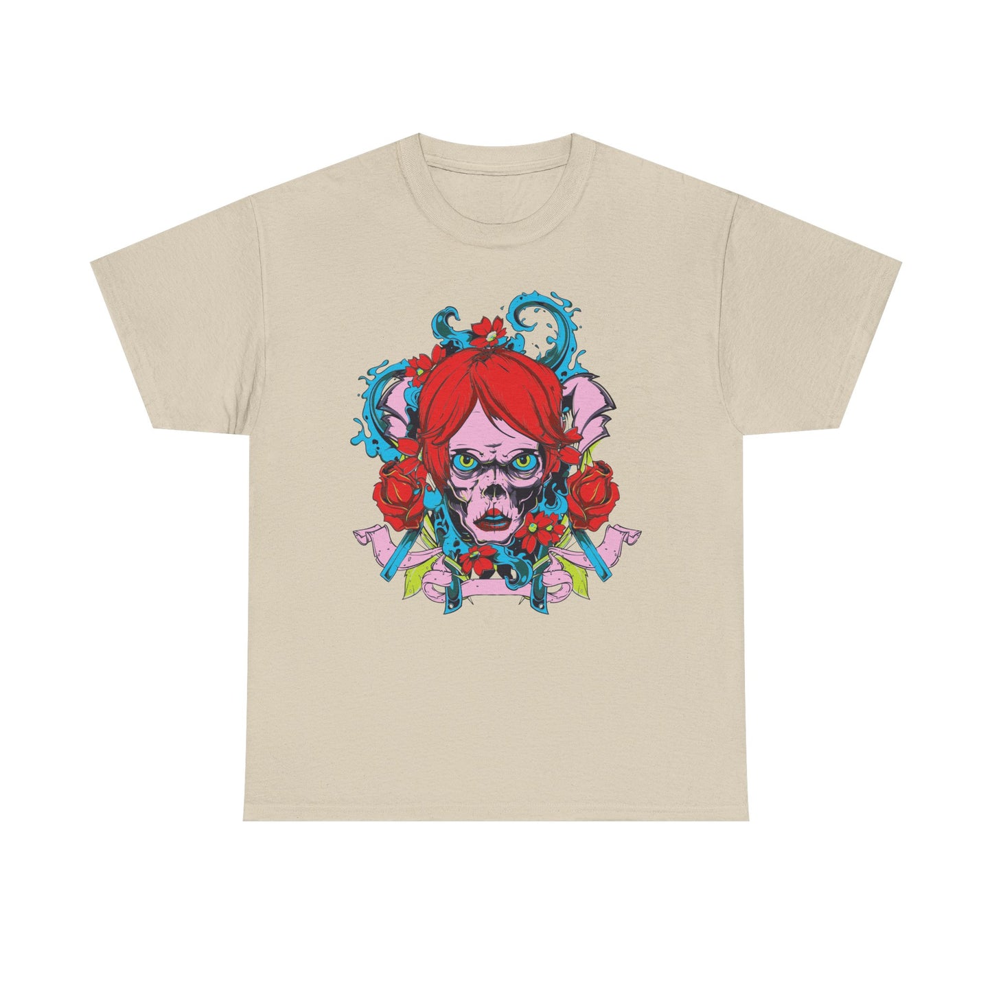 Premium men's artistic t-shirt in a light beige hue featuring an eye-catching skull art design with vibrant colors, lush roses, and elegant ribbons, embodying a unique style.