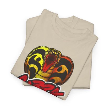 Sleek design of Cobra Kai T-shirts stacked together, highlighting the vibrant snake graphic for enthusiasts of martial arts-themed apparel.