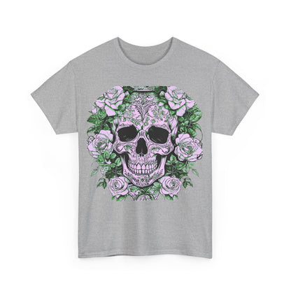 Skulls and Roses Cotton Tee displayed on a grey background, featuring a luxurious and intricate steampunk skull design surrounded by soft pink roses, perfect for individuals who appreciate unique fashion.