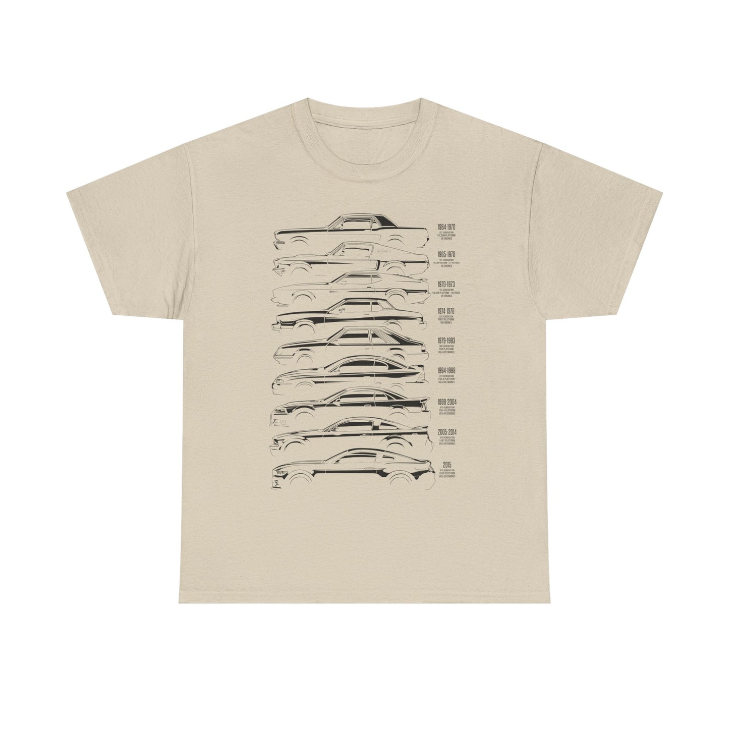 Timeless Ford Mustang Evolution Tee in beige, showcasing a refined illustration of Ford Mustang models over the decades, designed for discerning fans of automotive heritage.