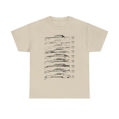 Timeless Ford Mustang Evolution Tee in beige, showcasing a refined illustration of Ford Mustang models over the decades, designed for discerning fans of automotive heritage.