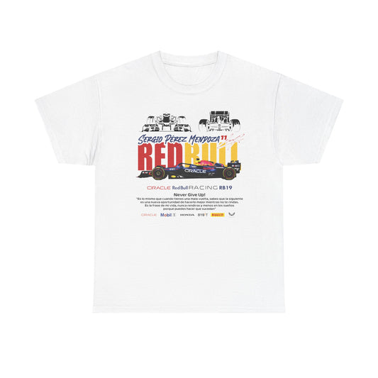 Luxury men's t-shirt featuring the Red Bull Racing RB19 design in white, displaying Sergio Pérez's name and an inspiring quote 'Never Give Up!' along with racing imagery.