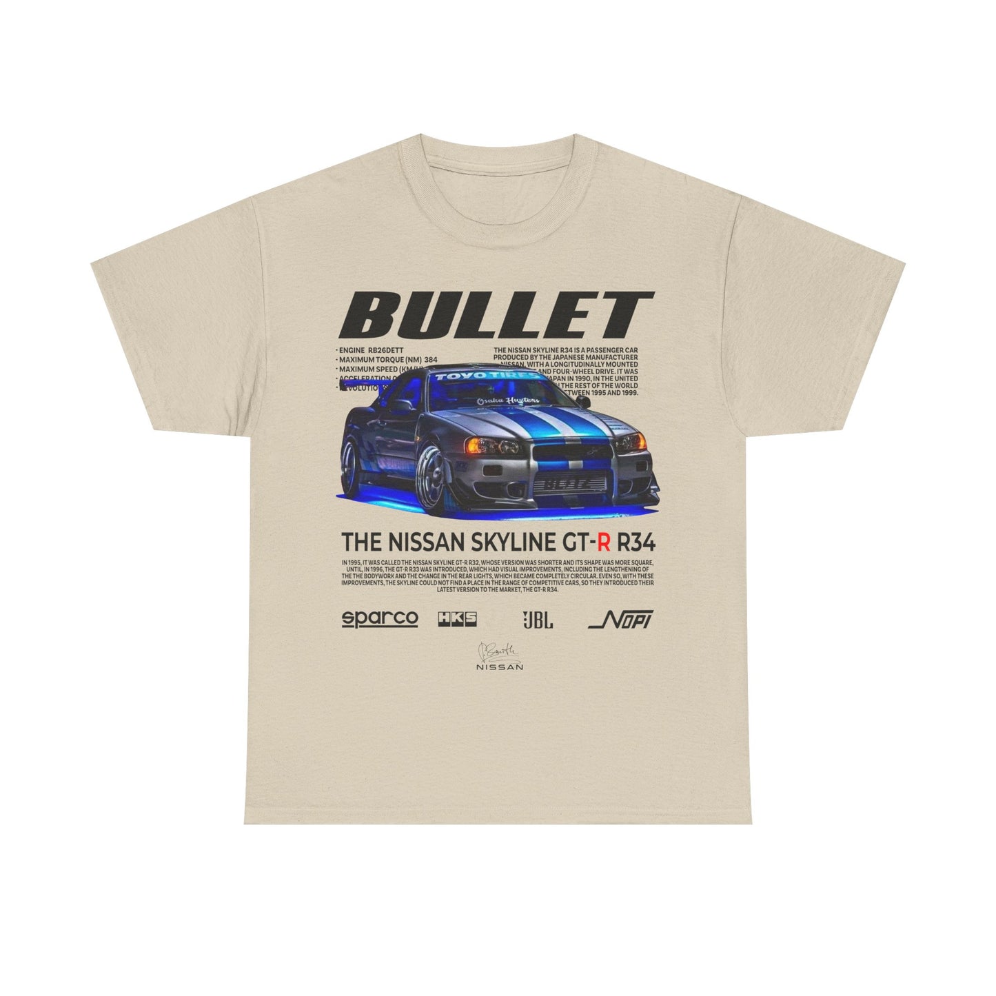 Elegant Nissan Skyline GT-R R34 graphic T-shirt in beige, featuring a detailed car design and specs, perfect for car lovers and fashion aficionados.