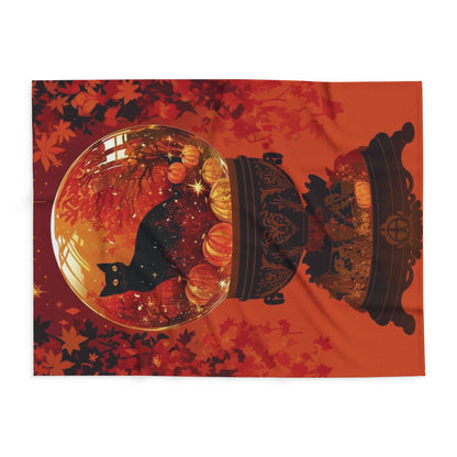 Gorgeous Decorative and Warm Halloween Spooky Arctic Fleece Blanket flat lay, highlighting intricate designs of a black cat and pumpkins, perfect for enhancing the elegance of your Halloween celebrations.