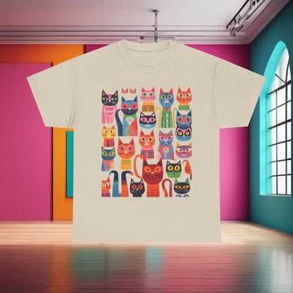 Purrfection Graphic T-Shirt Urban Unisex Cotton Tee featuring a full-frame, vibrant design of stylized cats in a rich palette against a contemporary backdrop.