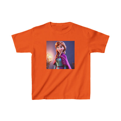 Kids Frozen Anna Heavy Cotton T-Shirt in bold orange, featuring a delightful image of Anna, combining whimsical design with luxurious softness.