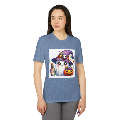 Adidas Unisex Halloween Party Ghost Cute T-shirt presented in light blue, featuring a delightful ghost graphic perfect for festive gatherings.