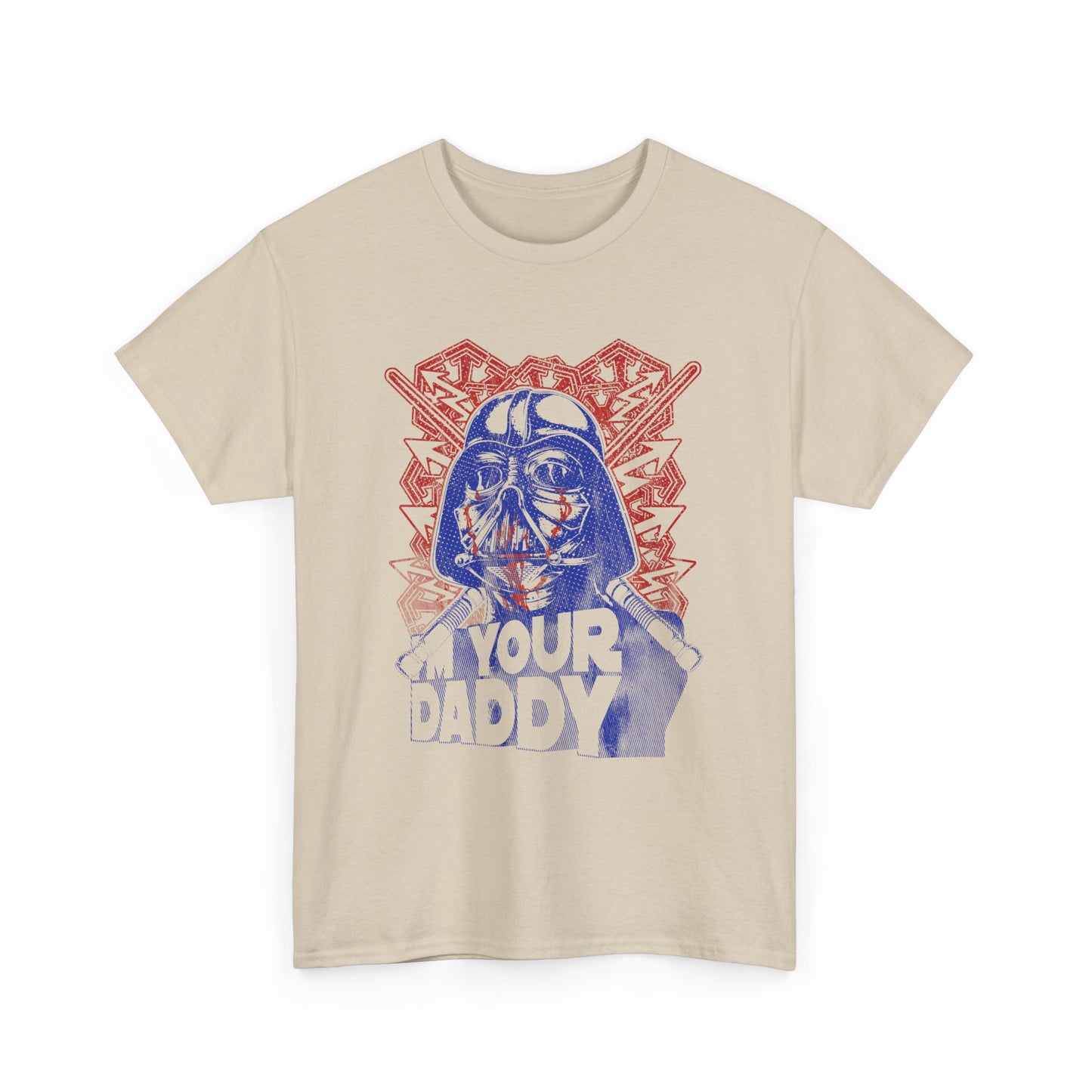 Chic beige t-shirt featuring a whimsical comic-style Darth Vader design in blue and red, complemented by the playful phrase 'I'M YOUR DADDY', perfect for those who appreciate a blend of humour and high-end fashion.