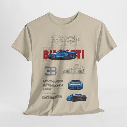 Elegant Bugatti Chiron men's t-shirt captured in soft light, featuring detailed graphics and specifications of the supercar, designed for luxury fashion enthusiasts.