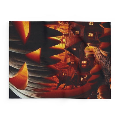 Decorative and Warm Halloween Spooky Arctic Fleece Blanket with a lantern-inspired design, showcasing intricate Halloween motifs such as haunted houses and jack-o'-lanterns, perfect for adding a touch of seasonal elegance to your décor.