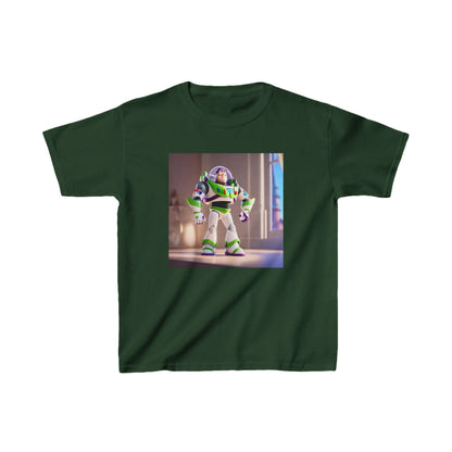 Kids Buzz Lightyear Heavy Cotton T-Shirt in dark green, featuring a striking graphic of Buzz Lightyear, perfect for young space rangers. Available in 16 vibrant colour options.