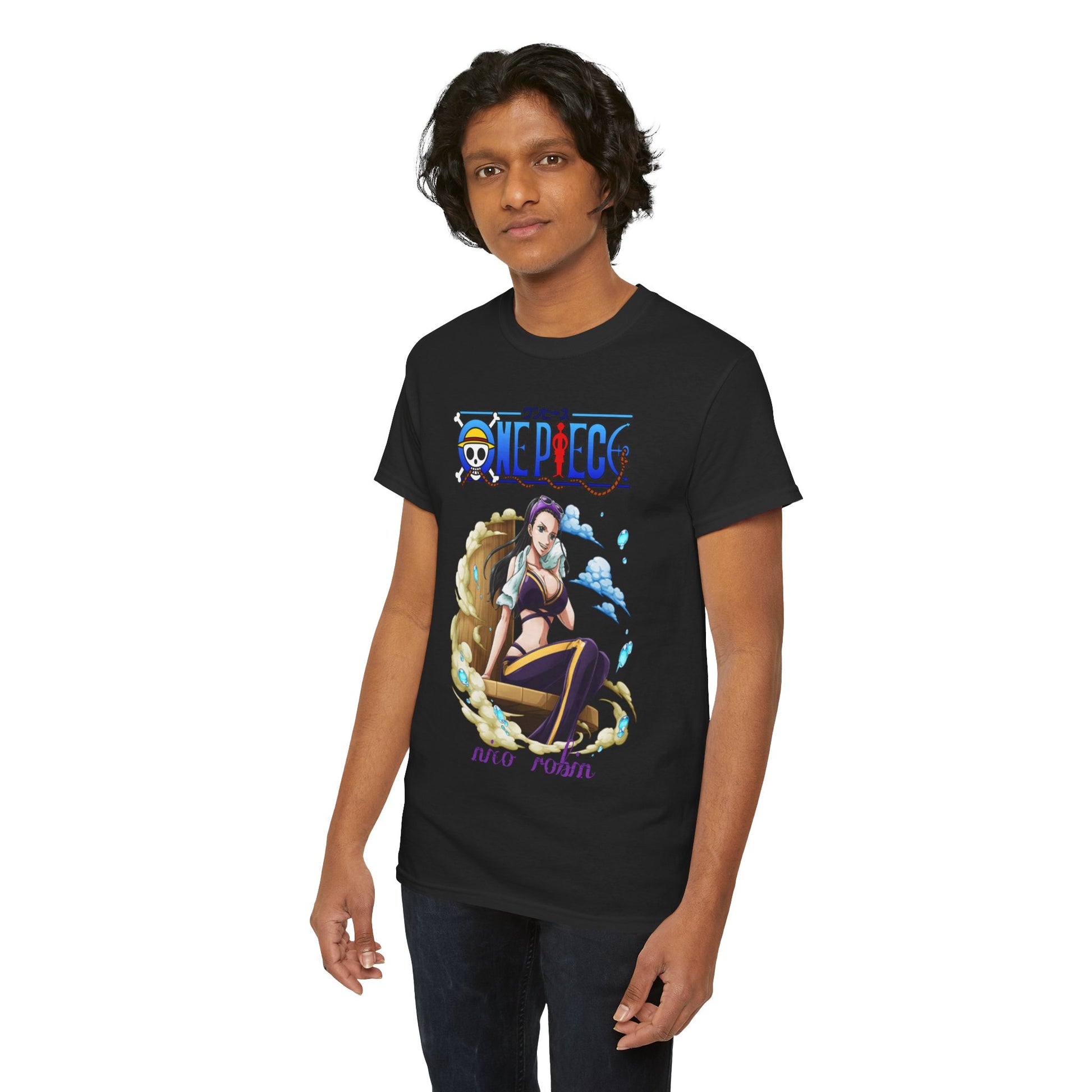Elegant men's t-shirt featuring a captivating design of Nico Robin from One Piece, showcasing vibrant colours and intricate details, perfect for anime enthusiasts.