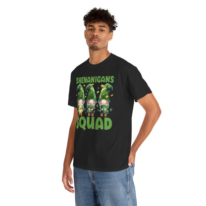 Shenanigans Squad St. Patrick's Day T-Shirt featuring a charming leprechaun design, showcased by a model wearing a black t-shirt, perfect for festive celebrations.